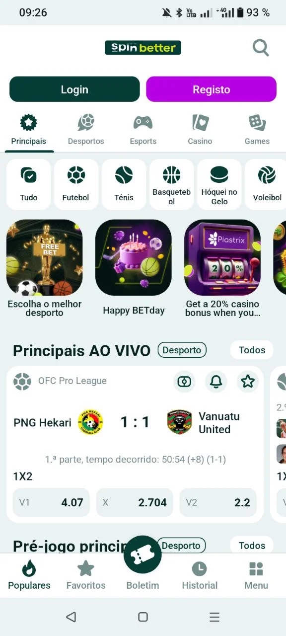 Ecrã principal da app SpinBetter com apostas ao vivo