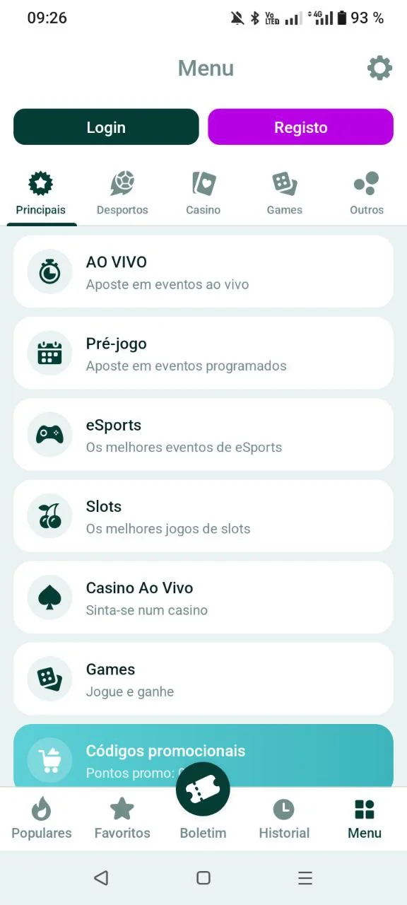 Menu completo da app SpinBetter