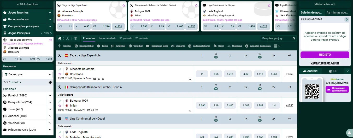 Interface de apostas desportivas do SpinBetter com odds ao vivo