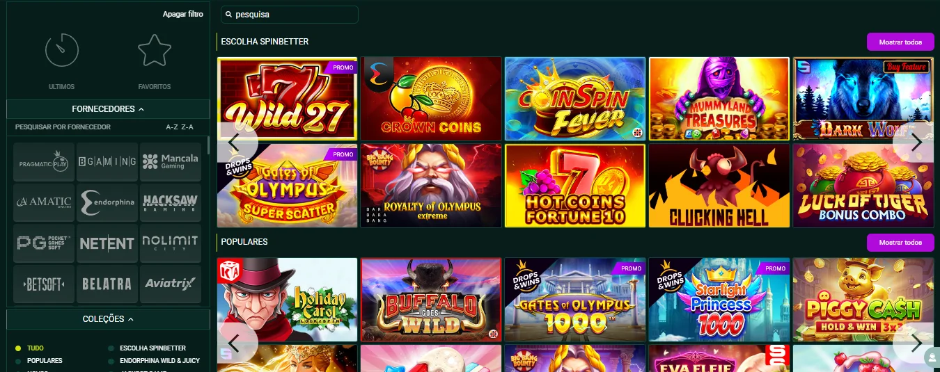 Biblioteca de jogos do SpinBetter Casino com slots e filtros