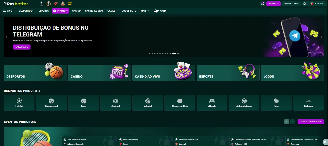 Interface do SpinBetter com navegação em português