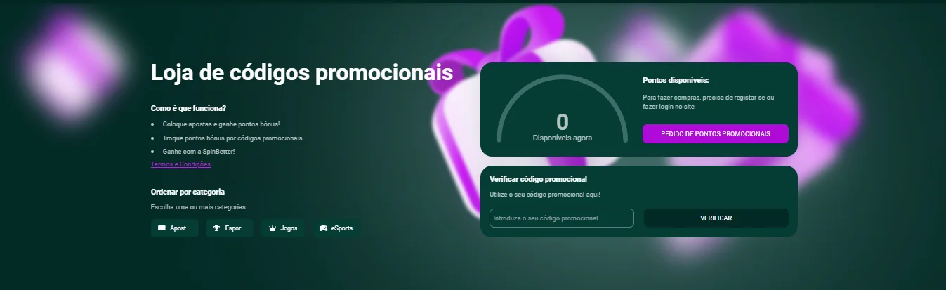 Loja de códigos promocionais do SpinBetter com categorias