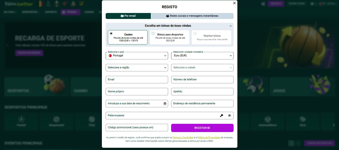 Formulário de registo do SpinBetter com todos os campos visíveis